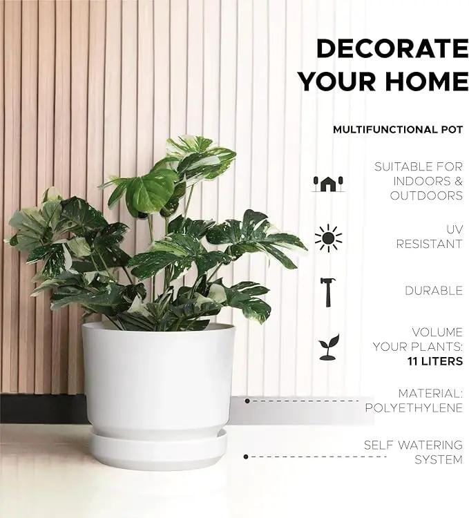 Elly Décor 12 inch Plastic Cylinder Planter Pot with Self-Watering Saucer and Drainage Hole,Lightweight & Extremely Durable, 12"x 12", White by GreenHaven Gardens