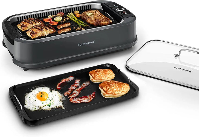 Indoor Smokeless Grill, Techwood 1500W Electric BBQ Grill with Temperature Control, Korean Grill Removable Grill & Griddle Plates, Tempered Glass Lid by GreenHaven Gardens