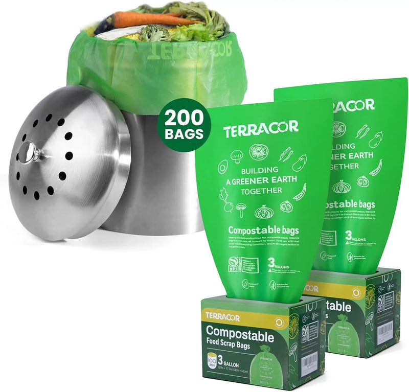 3 Gallon Compostable Trash Bags, Compost Bags for Countertop Bin, 200 Count (Pack of 2) BPI Certified and Meet The ASTM D6400 Standard by GreenHaven Gardens