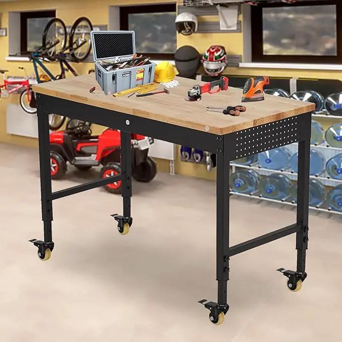 48'' Adjustable Workbench on Wheels, 2000LBS Heavy Duty Worktable with Power Outlets & Drawers & Pegboard, Rubberwood Workstation for Workshop, Garage, Office, Home by GreenHaven Gardens