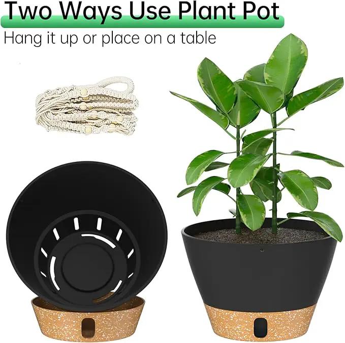 ZMTECH 2 Pack 10 Inch Hanging Planters with Macrame Plant Hanger for Indoor and Outdoor Plants, Self Watering, Drainage Hole, Visible Level Tray, Gray by GreenHaven Gardens