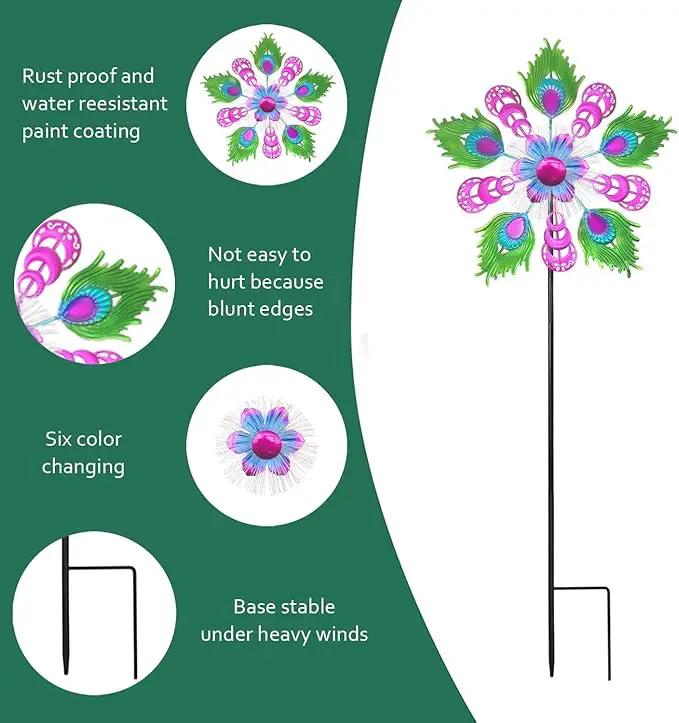 Solar Peacock Wind Spinners for Yard and Garden, 40 Inch Solar Windmill Garden Whirligig Kinetic Spinners Decor for Lawn,Patio&Yard, Metal Whirligigs Purple Wind Spinners Outdoor by GreenHaven Gardens