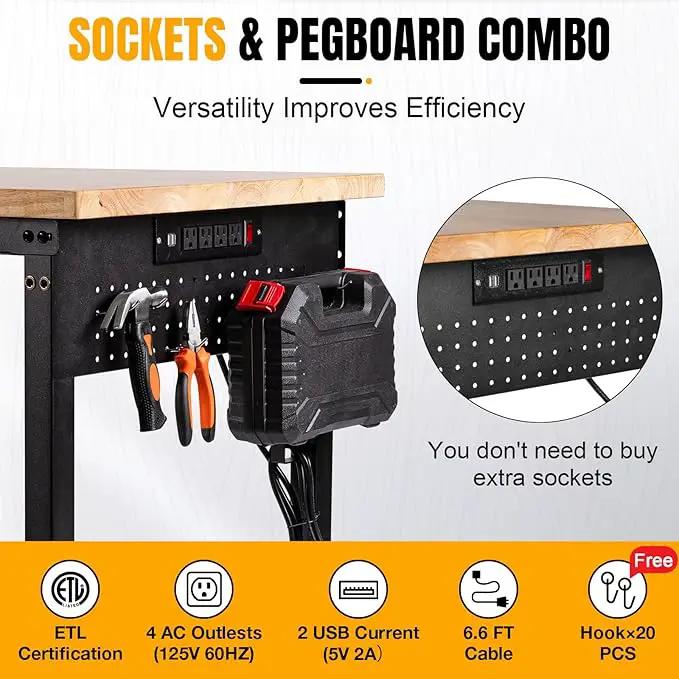 48" L×24”W Adjustable Workbench, 28”-40”Heights Heavy Duty Table 2000 LBS Load Capacity, Work Bench with Power Outlet & Pegboard, Rubber Wood Work Table for Garage, Office, Workshop, Home by GreenHaven Gardens