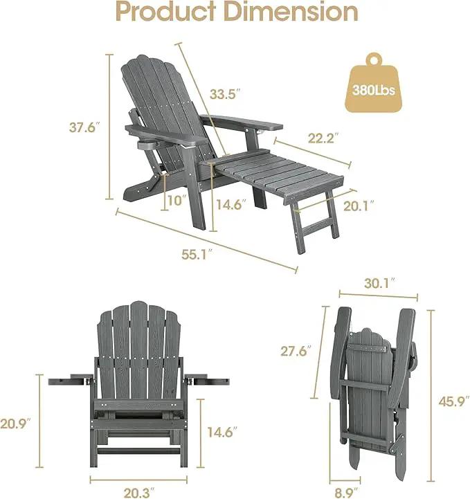 Folding Adirondack Chair Set of 4 with Adjustable Backrest, Adirondack Chair with Retractable Ottoman with 2 Cup Holders, for Pool Deck Beach Garden, Grey by GreenHaven Gardens