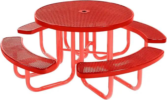 Heavy-Duty Portable Outdoor Picnic Table with Umbrella Hole, Punched Steel Commercial-Grade Patio Furniture Made in America (46" Round Top, Red with Red Frames) by GreenHaven Gardens