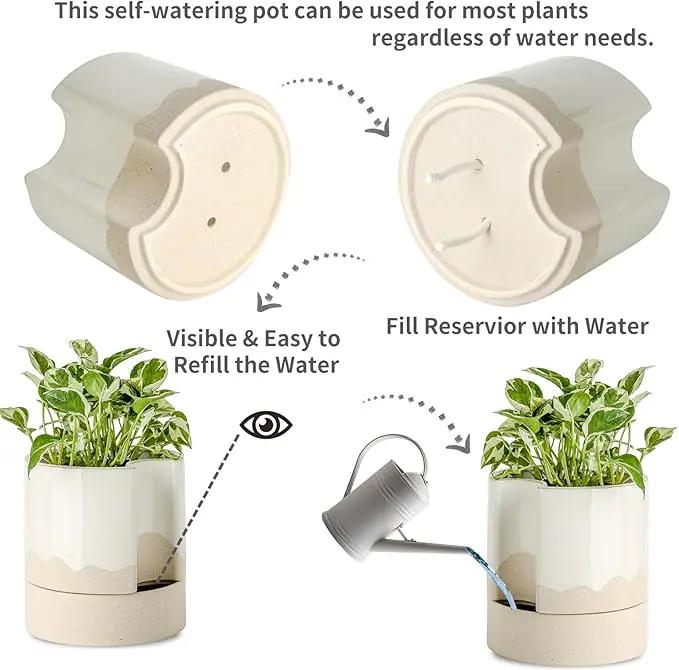 Nihow Self Watering Plant Pot: 8 Inch Ceramic Planter with Drainage Hole & Water Storage Plus for Indoor & Outdoor Plants - Cylinder Round Flower Pot for Succulent/Herbs/Violets - White & Wave Nature by GreenHaven Gardens