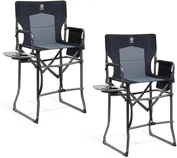 EVER ADVANCED 2 Piece Portable 30.7" Seat Height Tall Folding Camping Chair Directors Chair High with Side Table for Makeup Artist, Sports Event, Craft Show, Supports 350LBS Black Grey