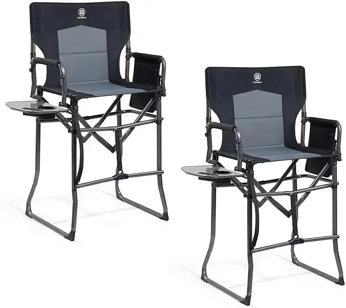 EVER ADVANCED 2 Piece Portable 30.7" Seat Height Tall Folding Camping Chair Directors Chair High with Side Table for Makeup Artist, Sports Event, Craft Show, Supports 350LBS Black Grey by GreenHaven Gardens