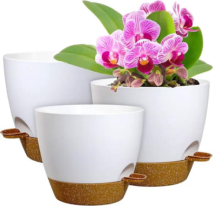 12/10/9 inch Large Self Watering Pots, Plant Pots with Mesh Drainage Holes for Indoor Outdoor Garden Plants, Flower Pots with Deep Reservoir, 3 Pack Plastic Planters, White with Brown by GreenHaven Gardens