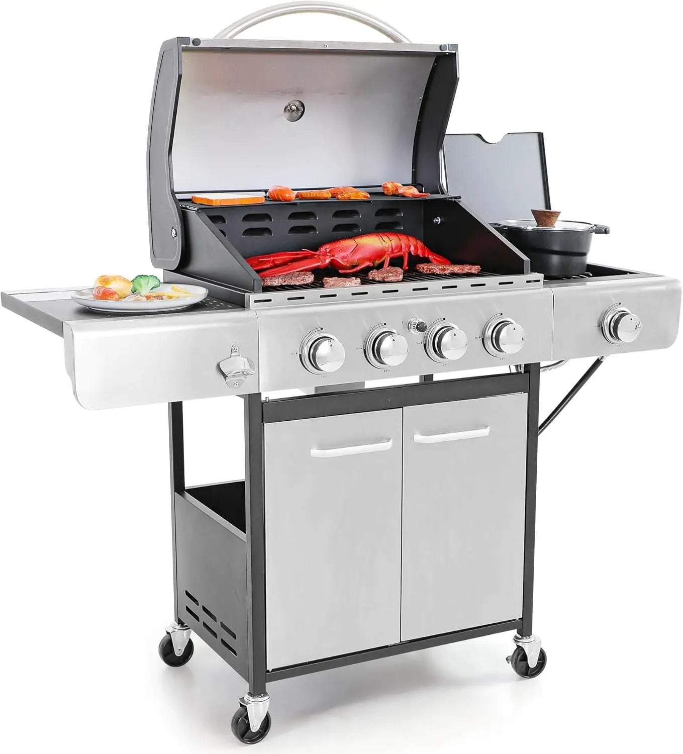 Captiva Designs 4-Burner Propane Gas BBQ Grill with Side Burner & Porcelain-Enameled Cast Iron Grates, 42,000 BTU Output Stainless Steel Grill for Outdoor Cooking Kitchen and Patio Backyard Barbecue by GreenHaven Gardens