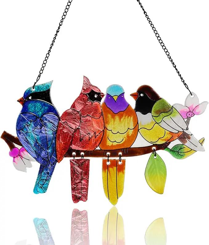 Stained Glass Window Hanging, Birds on A Branch Stain Glass Suncatcher, Hand-Painted Sun Catchers Indoor Window Decoration Bird Lover Gift for Mom, Grandma, Stocking Stuffers for Women by GreenHaven Gardens