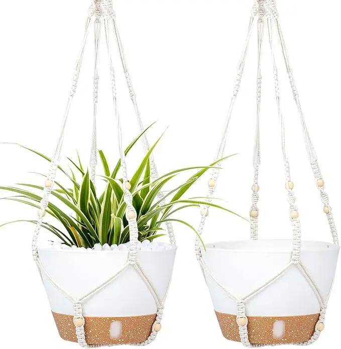 QCQHDU 2 Pack Hanging Planters for Indoor Plants, Outdoor Hanging Baskets, Self Watering Pots with Drainage Holes & Removable Tray (Dark Grey, 10 inch, Macrame Hanger) by GreenHaven Gardens