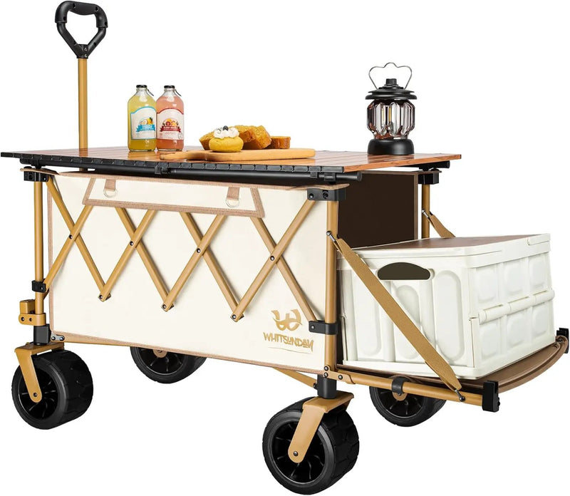 Whitsunday Collapsible Folding Wagon with Table,Heavy Duty Utility Beach Wagons with Opened Tailgate and All-Terrain Wheels for Camping,Garden,Sports Beige by GreenHaven Gardens