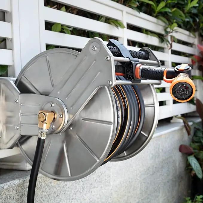 Giraffe Tools Stainless Steel Garden Hose Reel with 5/8" x 100 ft Heavy Duty Hose, Wall/Floor Mounted Metal Water Hose Reel with Crank Handle by GreenHaven Gardens