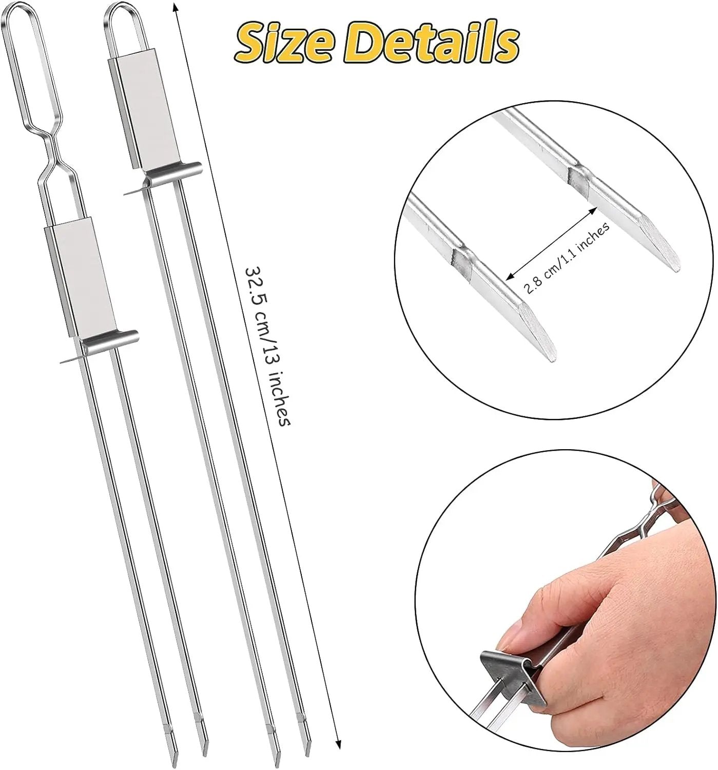Lallisa Kabob Skewer for Grilling, Metal Stainless Steel BBQ Stick with Push Bar, Double Pronged Kebab Tool Quick Release Meat, Chicken, Vegetable and Fruit (6 Pieces), 2.8 x 32.5 cm/ 1.1 12.8 inch by GreenHaven Gardens