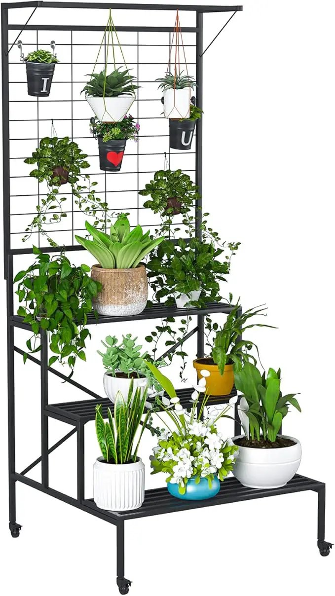 Zhongma 3 Tier Large Heavy Duty Plant Stand with wheels, Tall multi layer Plant Holder with Hanging Plant pot shelf, 35.43 x 33.27 x 80.7inch, Each Tier: 35.43 L x 10.5W, Easy to Hold Large Plant Pot by GreenHaven Gardens