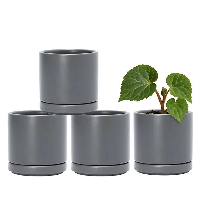 D'vine Dev Set of 4 Small Ceramic Plant Pots, 3.5 Inch Succulent Planter Pot for Plants with Drainage Hole and Saucer, Grey, 94-X-A-3 by GreenHaven Gardens