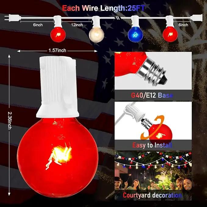 4th of July Decorations Lights Outdoor, 25Ft Red White and Blue Lights with 25 G40 Light Bulbs, Plug in G40 Patriotic Light for Indoor Independence Day Party Memorial Day-White by GreenHaven Gardens