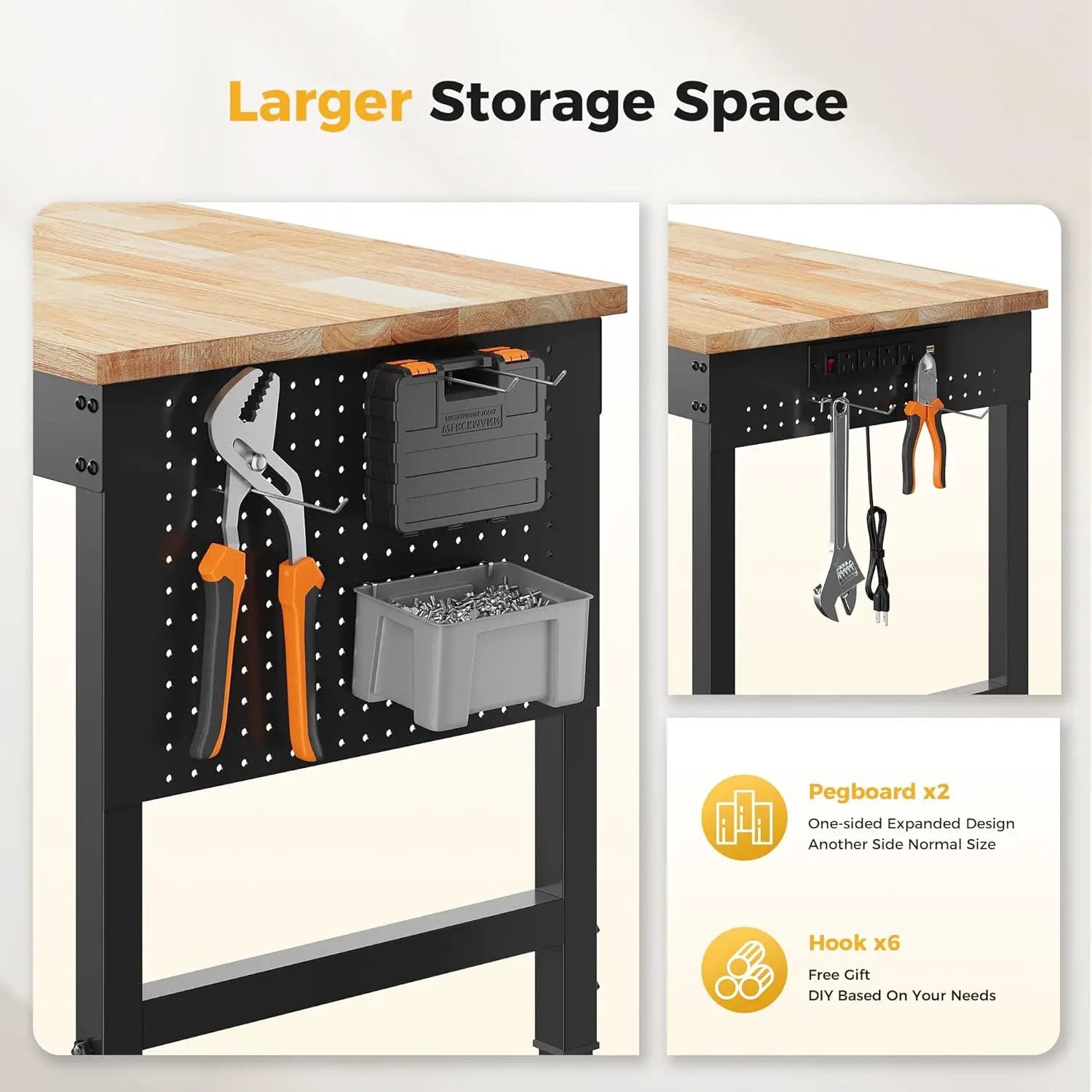 60" Adjustable Heavy Duty Workbench, 2000 LBS Load Capacity Rubber Wood Work Table with Pegboard, Power Outlets, Work Bench for Garage, Workshop, Office, Home, Commercial by GreenHaven Gardens