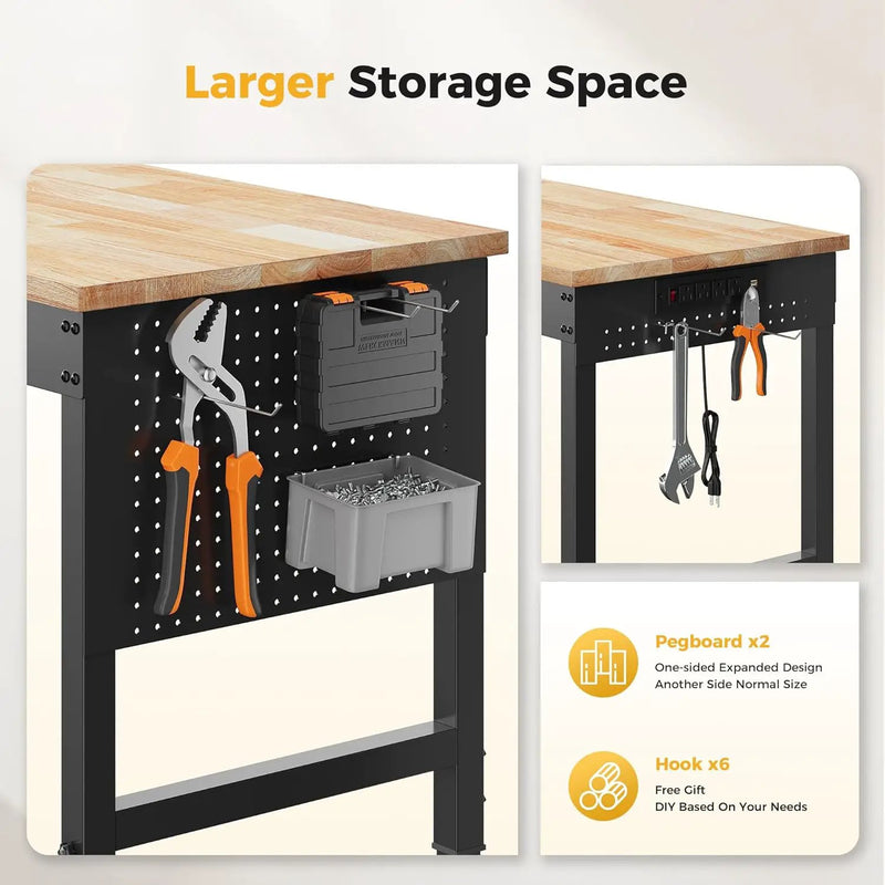 60" Adjustable Heavy Duty Workbench, 2000 LBS Load Capacity Rubber Wood Work Table with Pegboard, Power Outlets, Work Bench for Garage, Workshop, Office, Home, Commercial by GreenHaven Gardens