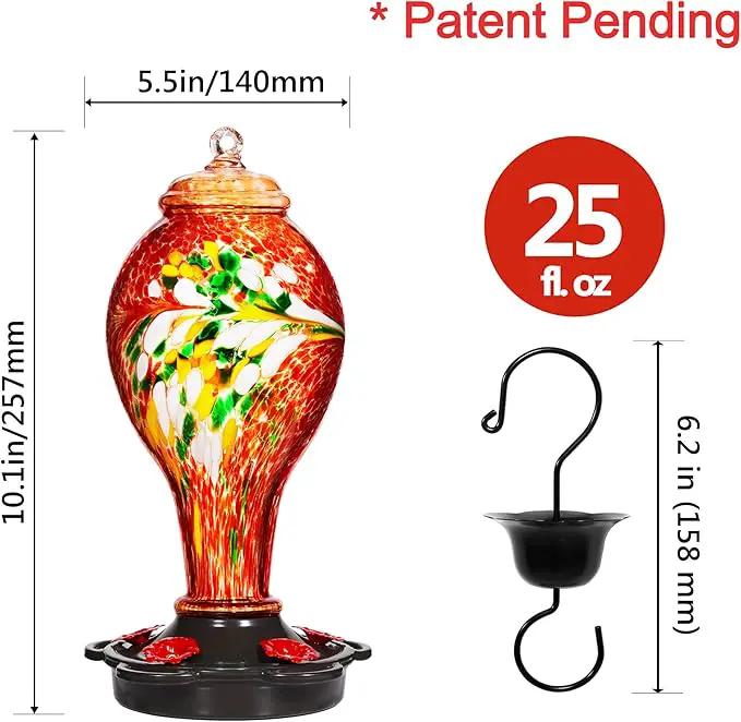 LUJII Hummingbird Feeder for Outdoors, Hand Blown Glass Humming Bird Feeder, Anti Fade Leakproof with 25 Ounces Nectar Capacity, Easy to Install Clean Refill, Include Hook & Ant Moat (Red) by GreenHaven Gardens