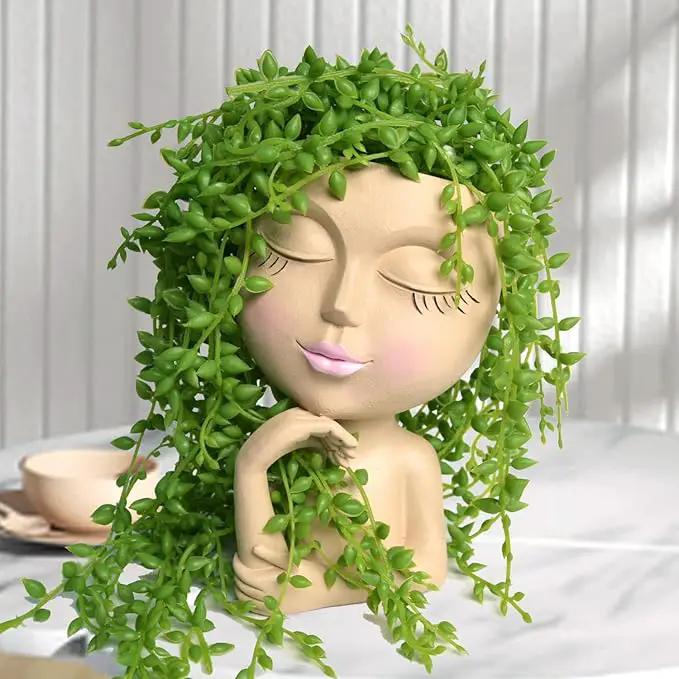 Face Planters Pots Head Planter, Plant Pots with Heads for Plants, Lady Statue Plant Pot, Unique Flower Pots with Drainage, Thinking Women Statue, Boho Vase, Cute Vases Home Decor Gift (7 Inch Khaki) by GreenHaven Gardens