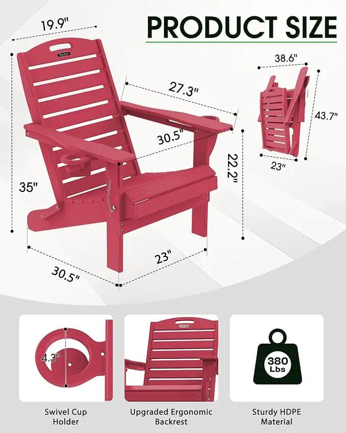 Folding Adirondack Chair HDPE All-Weather Adirondack Chairs with Cup Holder, Outdoor Fire Pit Chairs Lawn Chair for Deck Patio Garden (Red) by GreenHaven Gardens