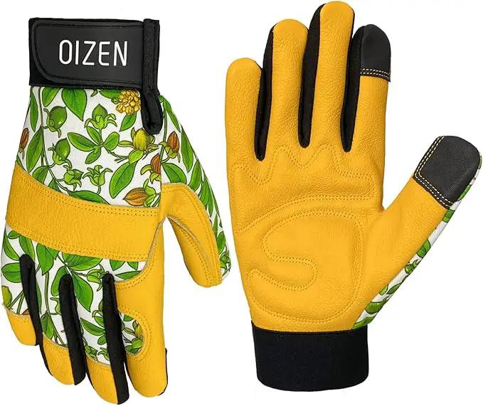 Cowhide Leather Thorn Proof & Puncture Resistant Gardening Gloves for Women, Touchscreen Compatible Working Gloves for Weeding, Digging, Planting, Gardening Gifts for Women (Green bellflowers, Medium) by GreenHaven Gardens
