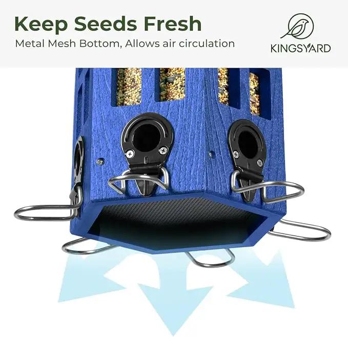 Kingsyard Wild Bird Feeder for Outdoor Hanging, Recycled Plastic Bird Feeders with 6 Ports & U-Shape Perch, Garden Yard Outside Decoration, 3.5 lbs Seed Capacity, Blue by GreenHaven Gardens