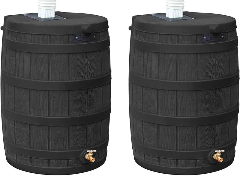 Good Ideas Rain Wizard 50 Gallon Plastic Outdoor Home Water Storage Tank Rain Barrel Collector with Brass Spigot and Flat Back Design, Black, 2 Pack by GreenHaven Gardens