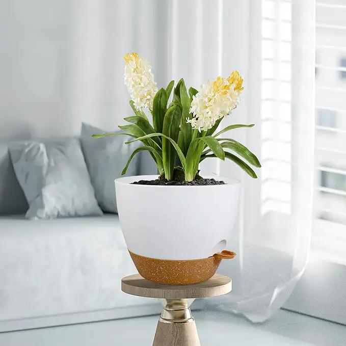 12 inch Large Self Watering Pots for Indoor Outdoor Plants, Plant Pots with Mesh Drainage Holes for Garden House Plants, Plastic Planters with Reservoir for Flower Plants, White with Brown by GreenHaven Gardens