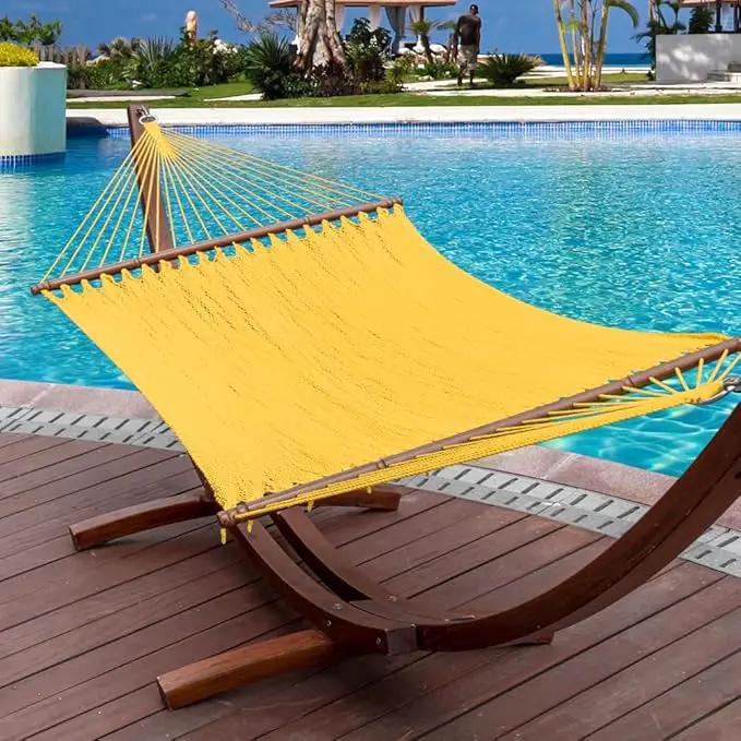 Lazy Daze Hammocks 10.5 FT Double 2 Person Caribbean Rope Hammock, Hand Woven Polyester Hammock with Spreader Bars, for Outside Outdoor Backyard Patio Poolside,450 LBS Capacity, Yellow by GreenHaven Gardens