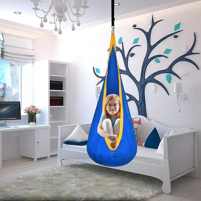 Kids Pod Swing Hanging Seat Child Hammock Chair Indoor and Outdoor Sensory Swing 100% Cotton Loading Capacity 170 lbs (Blue) by GreenHaven Gardens
