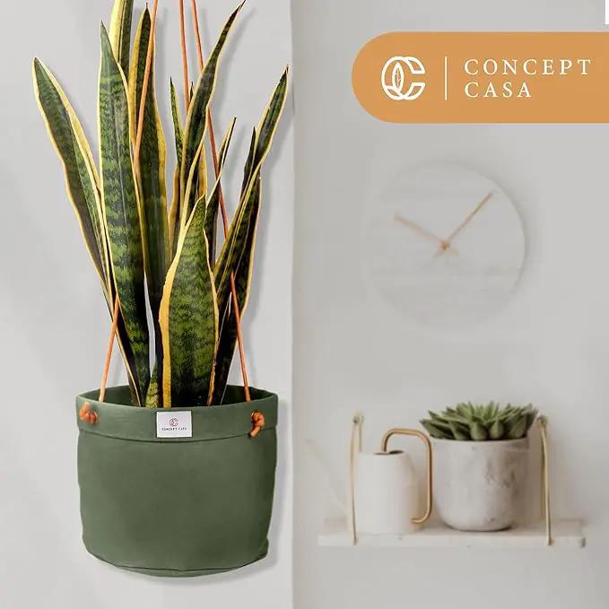 Waxed Canvas Handmade Hanging Planter for Indoor/Outdoor Plants, Hanging Basket Plant Holder Forest Green by GreenHaven Gardens
