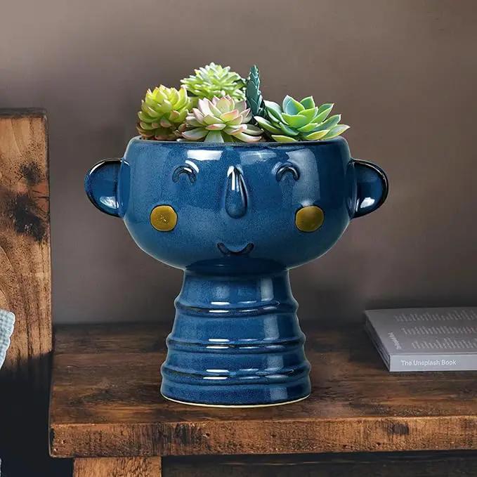 Face Planter Pot Head 7 Inch - Cute Ceramic Head Planter for Indoor Outdoor Plants Unique Flower Pot with Drainage Hole Gift Ideas for Christmas Blue by GreenHaven Gardens