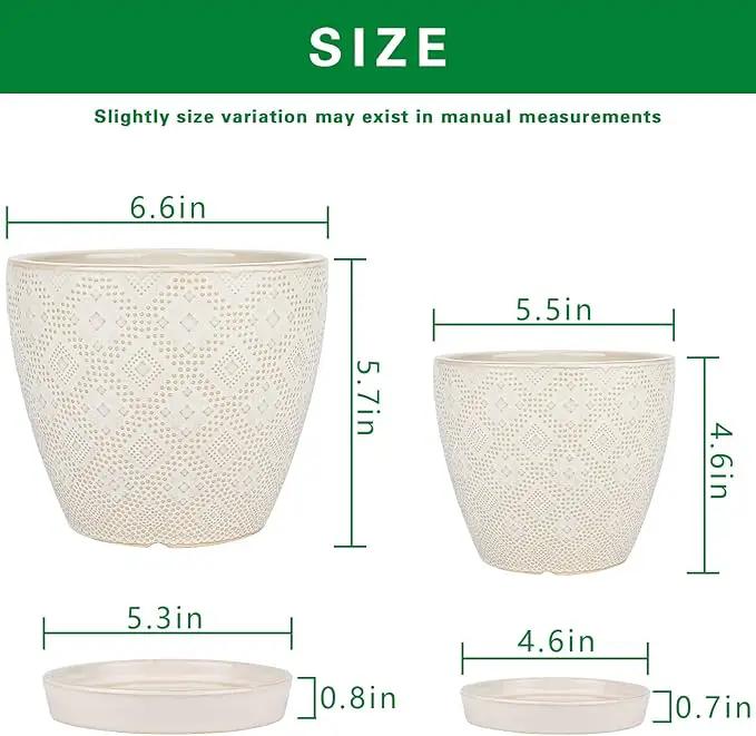 Docrin Ceramic Plant Pots Indoor: 6.6 + 5.5 Inch Planters with Drainage Holes and Saucer for Home/Office - Set of 2 /White by GreenHaven Gardens