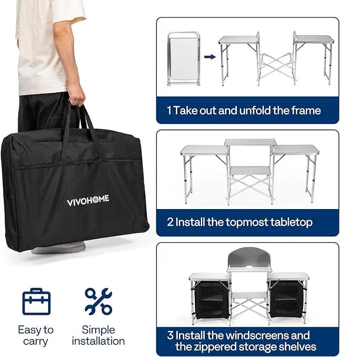 VIVOHOME Folding Camping Kitchen Station Table with Storage Organizer, 2 Side Tables, Stainless Steel Windscreen, Outdoor Portable Cook Station for BBQ, Picnics by GreenHaven Gardens