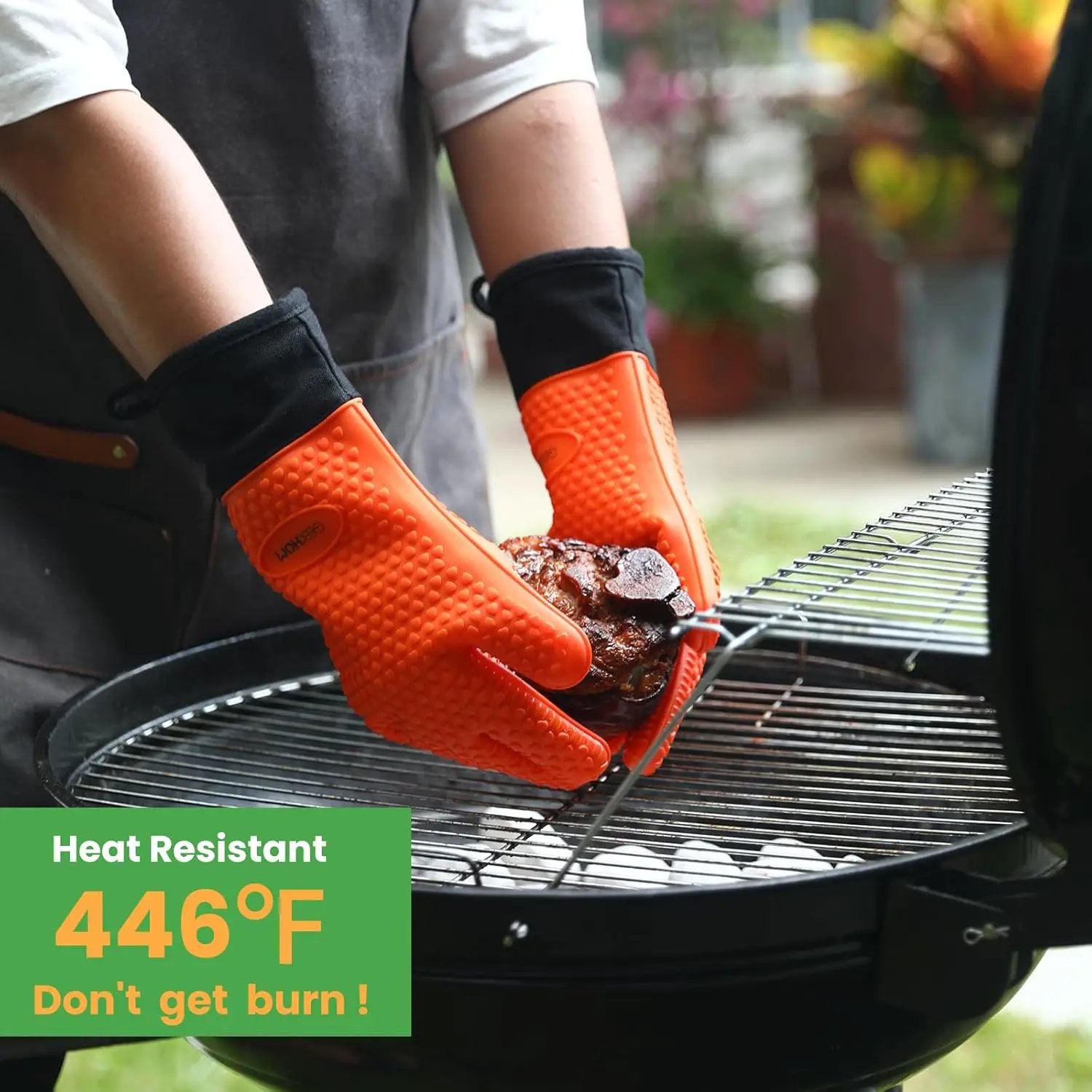 GEEKHOM BBQ Gloves Heat Resistant Oven Mitts - Silicone Grilling Gloves with 14" Long Arm Protection - Waterproof Pot Holder Non-Slip for Men & Women, Kitchen Cooking, Baking, Camping, Orange by GreenHaven Gardens
