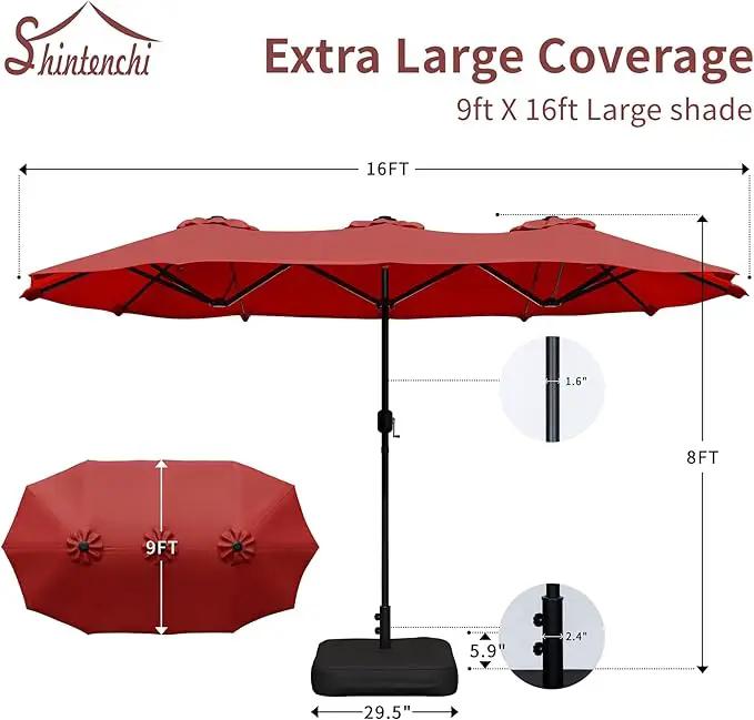 Shintenchi 16FT Large Patio Umbrella with Base, Outdoor Double-Sided Rectangular Umbrella, Market Umbrella with Crank Handle for Poolside Lawn Garden, Red by GreenHaven Gardens