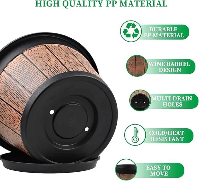 Quarut Large 4 Pack 14 inch Plant Pots,Whiskey Barrel Planters with Drainage Holes & Saucer,Plastic Decoration Flower Pots Retro Design,Planters for Outdoor Indoor Garden Balcony Plants (Brown) by GreenHaven Gardens