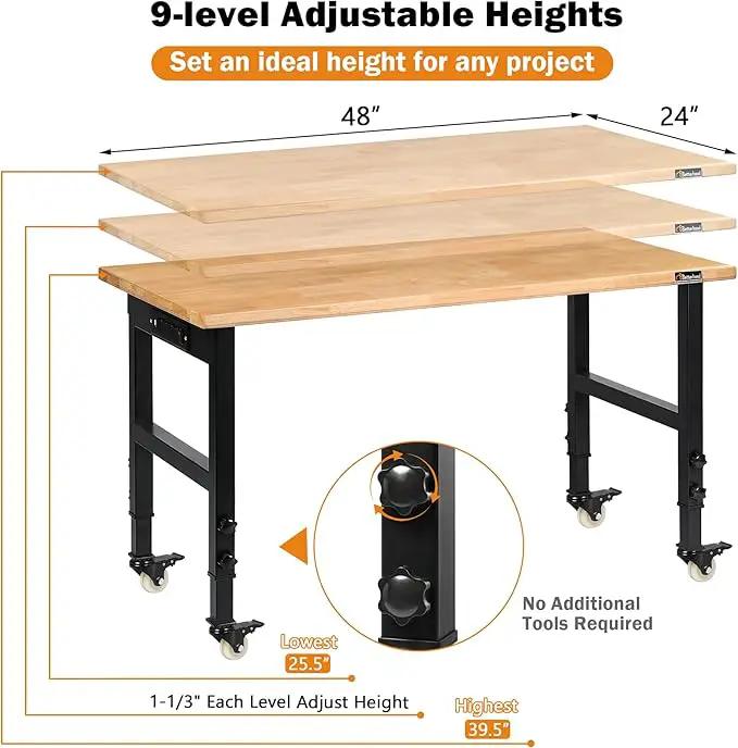 48" Adjustable Workbench for Garage, Rubber Wood Heavy Duty Workstation with Power Outlets & Wheels, 2000 LBS Load Capacity Hardwood Worktable for Workshop, Garage, Office, Home, Commercial by GreenHaven Gardens