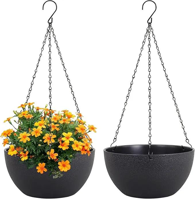 10 inch Hanging Planters for Indoor Outdoor Plants, 2 Pack Hanging Flower Pots with Drainage Holes and Chain for Garden Porch Plants, Round Plastic Hanging Baskets for House Plants, Black by GreenHaven Gardens