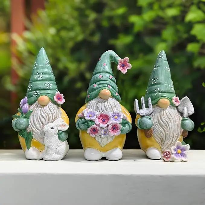 Garden Guardians Set of Three 6" Gardening Gnome Figurines, Floral Green and Yellow Statue Decor by GreenHaven Gardens