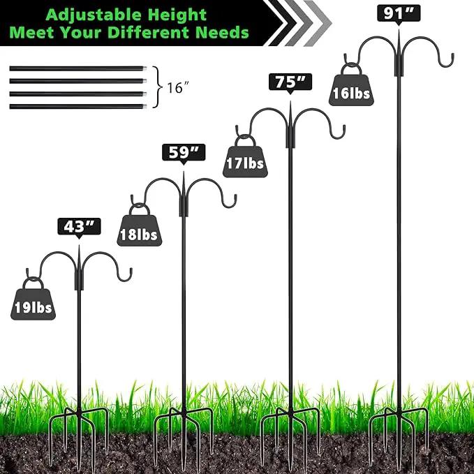 FEED GARDEN Adjustable Double Shepherds Hook for Outdoor with 5 Prong Base 92 Inch Heavy Duty Two Sided Bird Feeder Pole for Hanging Plant Baskets, Solar Light Lanterns, Wind Chimes 2 Pack by GreenHaven Gardens