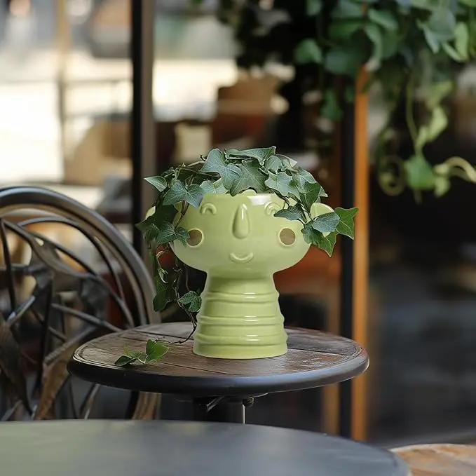 Face Planter Pots Head - 7 Inch Ceramic Succulent Plant Pots with Drainage Hole, Cute Head Planters for Indoor Outdoor Plants, Room Desk Office Decor, Plant Lover Gifts, Green by GreenHaven Gardens