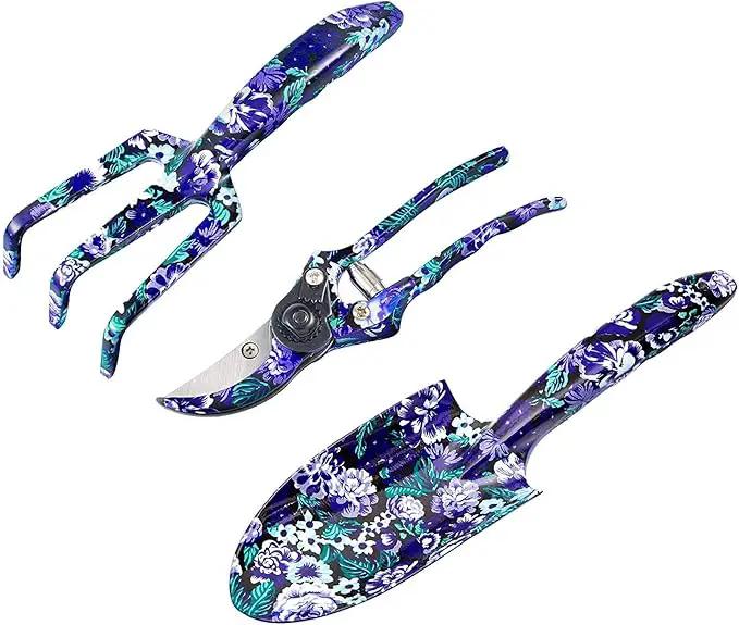 FLORA GUARD 3 Piece Aluminum Garden Tool Set - Trowel, Cultivator, Pruning Shear, Gift Set for Gardening Needs (Purple&Blue) by GreenHaven Gardens