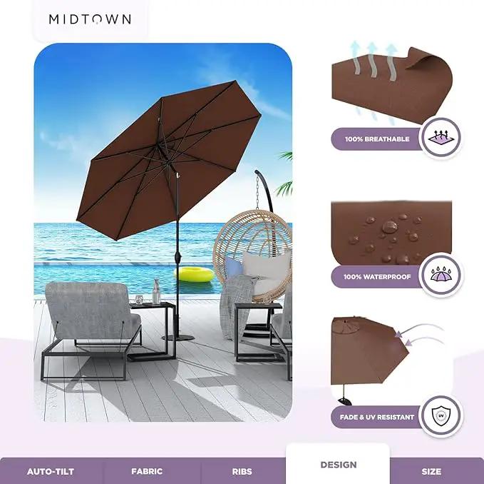 Midtown Umbrellas Sunbrella Umbrella 9 Feet Outdoor Umbrella With Sunbrella Bay Brown Acrylic Fabric - Auto-Tilt Aluminum Frame Patio Umbrella For Backyard, Deck, Garden, Pool - Black Pole by GreenHaven Gardens