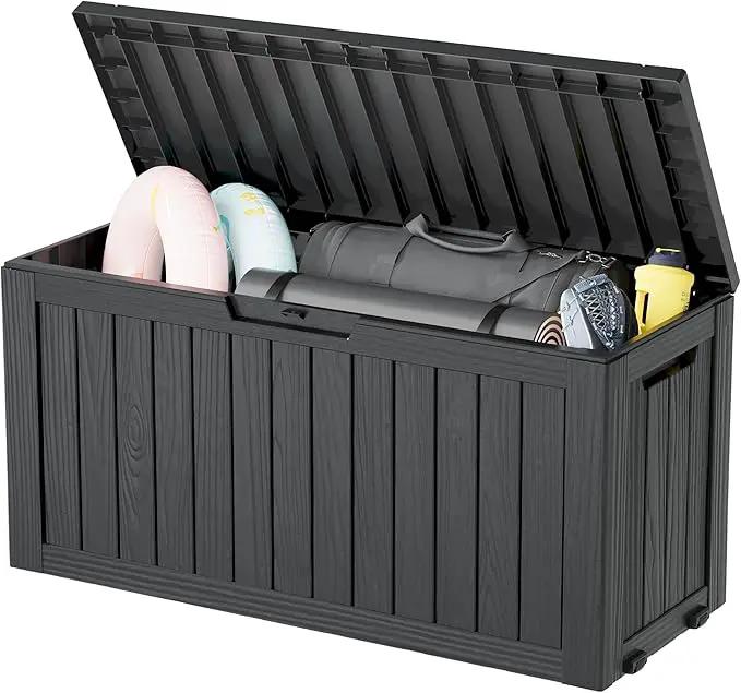 KAMABOKO Deck Box, 75 Gallon Resin Indoor and Outdoor Storage Boxes Waterproof for Garden Tools, Pool Accessories Storage Bench, Patio Furniture and Cushions with Lockable Lid, Black by GreenHaven Gardens