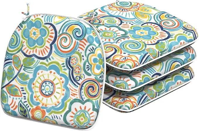 Indoor/Outdoor Chair Cushions 16x17 Inch, Patio Chair Cushions with Ties, All Weather Seat Cushions for Patio Furniture Home Garden Chair Use, Set of 4, Flower Blue by GreenHaven Gardens