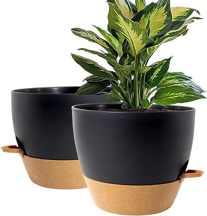 WOUSIWER 10 inch Self Watering Planters, 2 Pack Large Plastic Plant Pots with Deep Reservior and High Drainage Holes for Indoor Outdoor Plants and Flowers, Black with Terracotta by GreenHaven Gardens